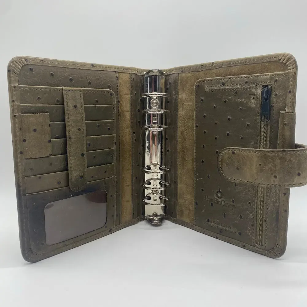 Franklin Covey Brown Green Ostrich Leather Planner Structured 3-Ring Binder Card